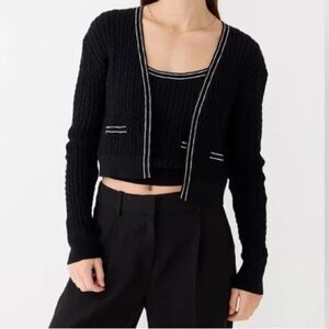 J. Crew Black Cropped Cable-Knit Cardigan with White Trim